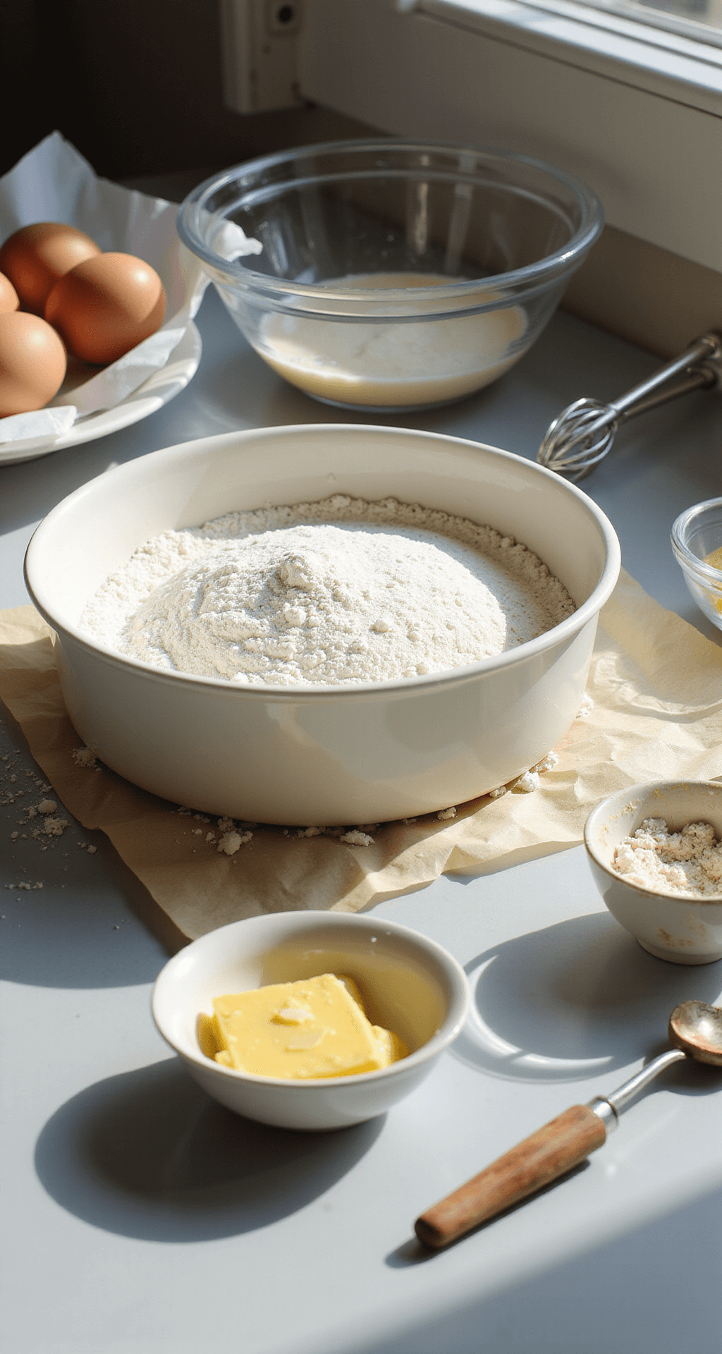 Aesthetic Bento Cake: Your Perfect Mini Culinary Canvas Sunlit kitchen counter with baking essentials: round pan, eggs, ingredients in glass bowls, hand mixer, flour, and melted butter, illustrating a professional pastry setup.