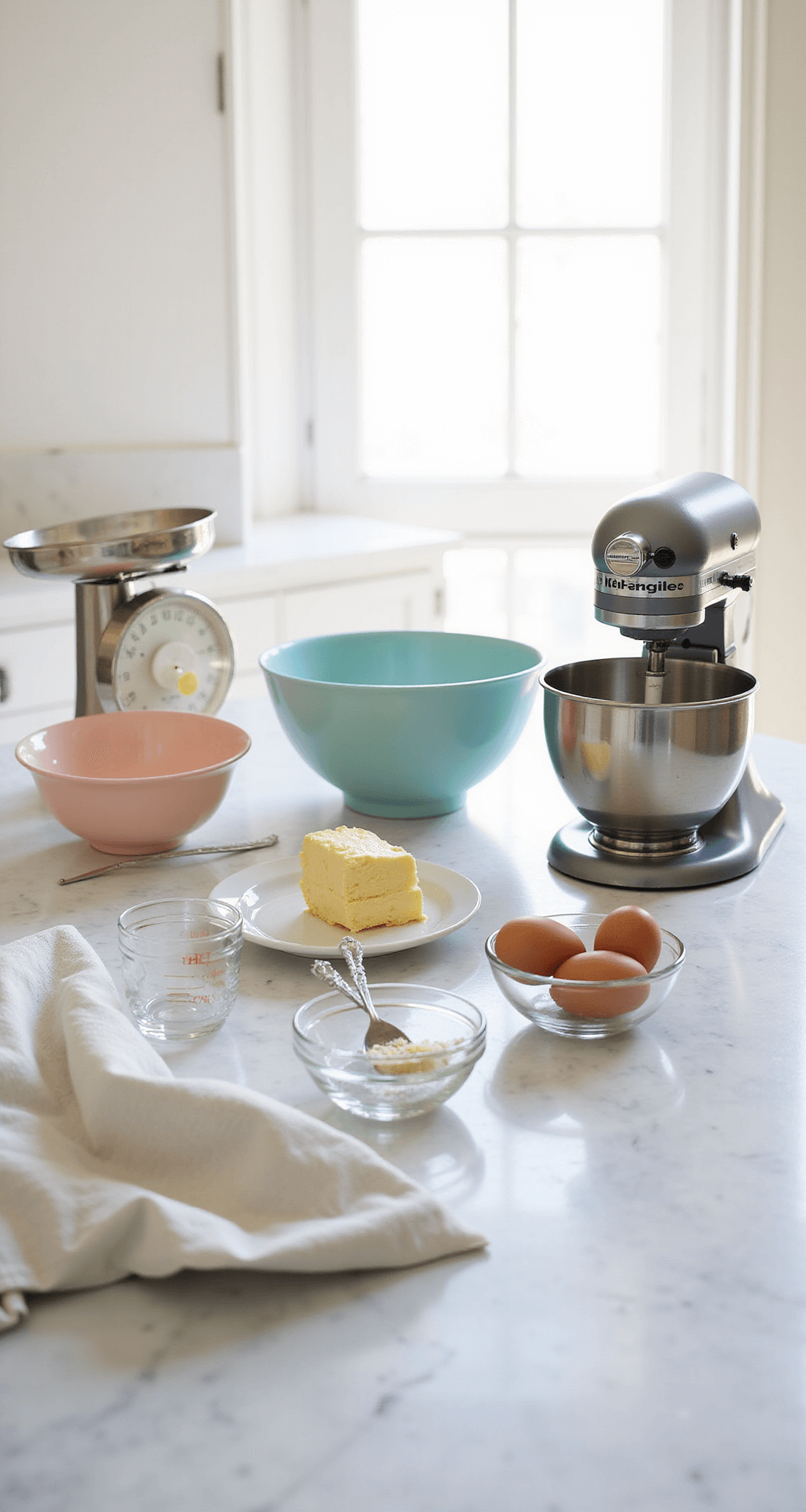 Bento Cake Lucu: Adorable Mini Cakes That Steal Hearts Bright professional kitchen with a marble countertop, featuring pastel mixing bowls, a silver electric mixer, and 10cm round cake pans. Organized room temperature ingredients in glass bowls, soft butter and eggs highlighted, with a vintage kitchen scale in the scene, all illuminated by natural light from a large window.