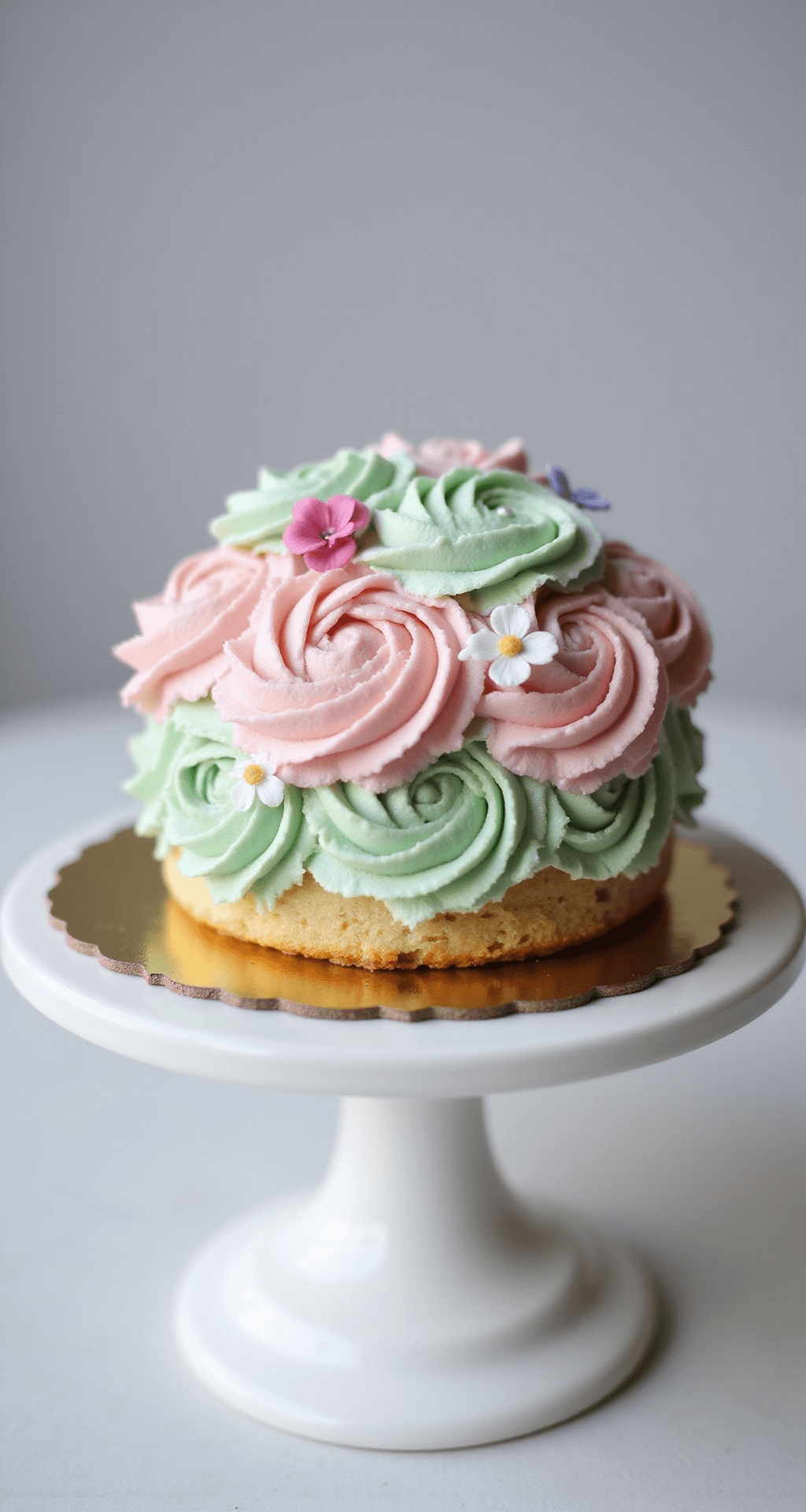 Aesthetic Bento Cake: Your Perfect Mini Culinary Canvas A small, elegantly decorated bento cake on a white pedestal, featuring pastel rosettes, edible flowers, and pearlescent sprinkles, highlighted by side lighting.