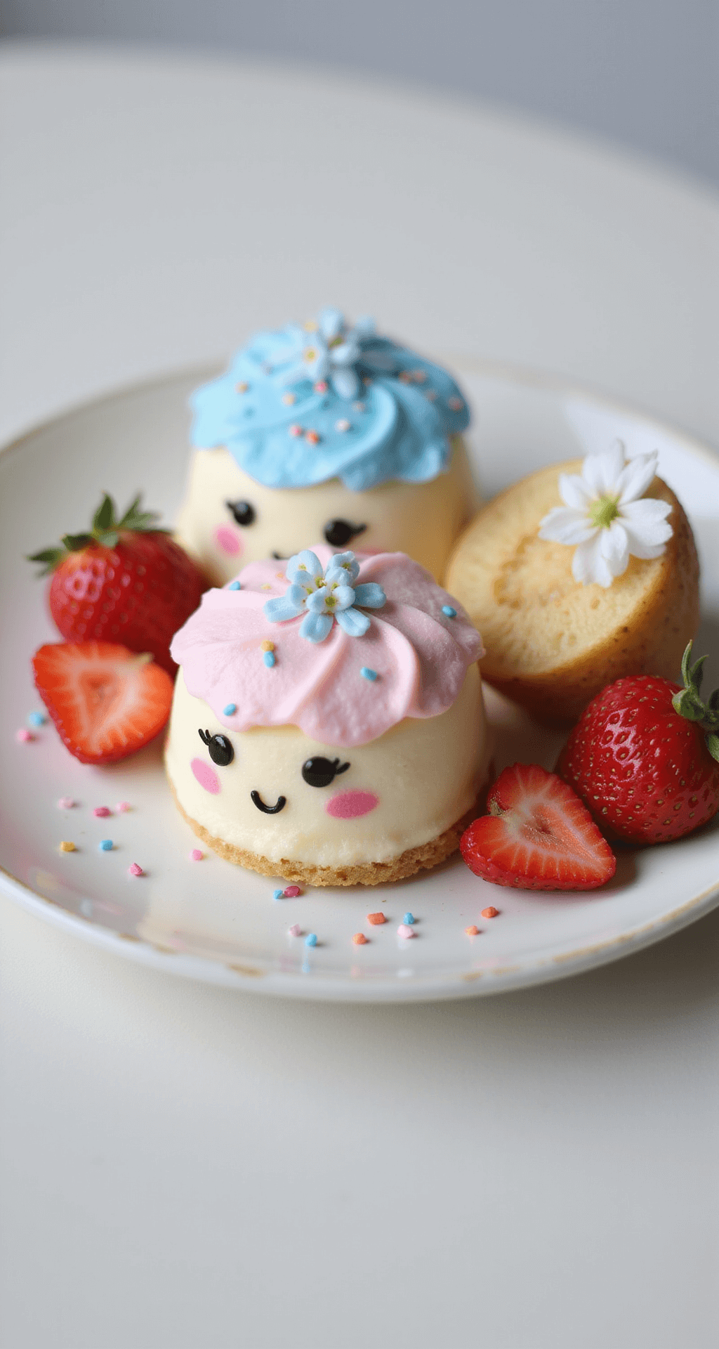 Bento Cake Lucu: Adorable Mini Cakes That Steal Hearts Close-up of two mini bento cakes on a white ceramic plate, decorated with pastel pink and blue buttercream character faces, rosy cheeks, and kawaii expressions, garnished with colorful sprinkles, fresh strawberry slices, and edible flowers, all under soft, diffused lighting.