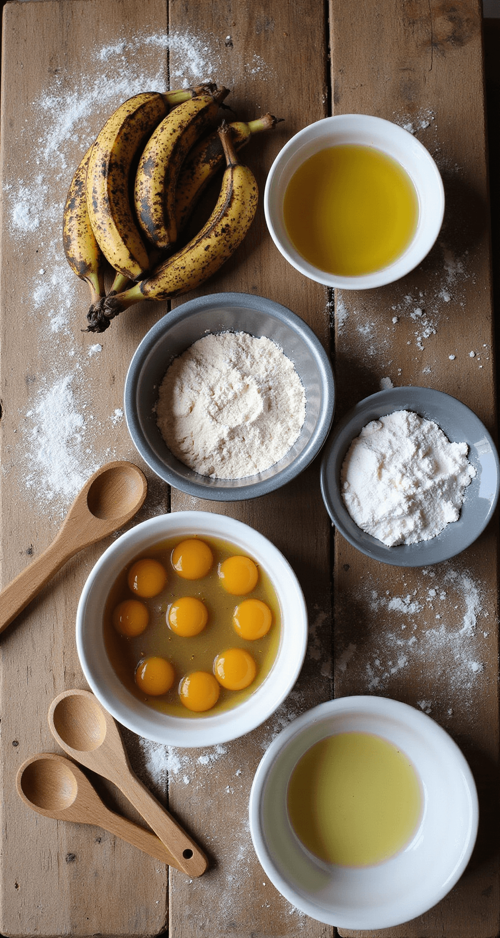 EASY BANANA NUT BREAD RECIPE Overhead view of a rustic wooden countertop with spotty ripe bananas, fresh eggs, golden vegetable oil, and dry ingredients in ceramic bowls, illuminated by natural light, featuring a loaf pan and wooden mixing spoons on a flour-dusted surface.