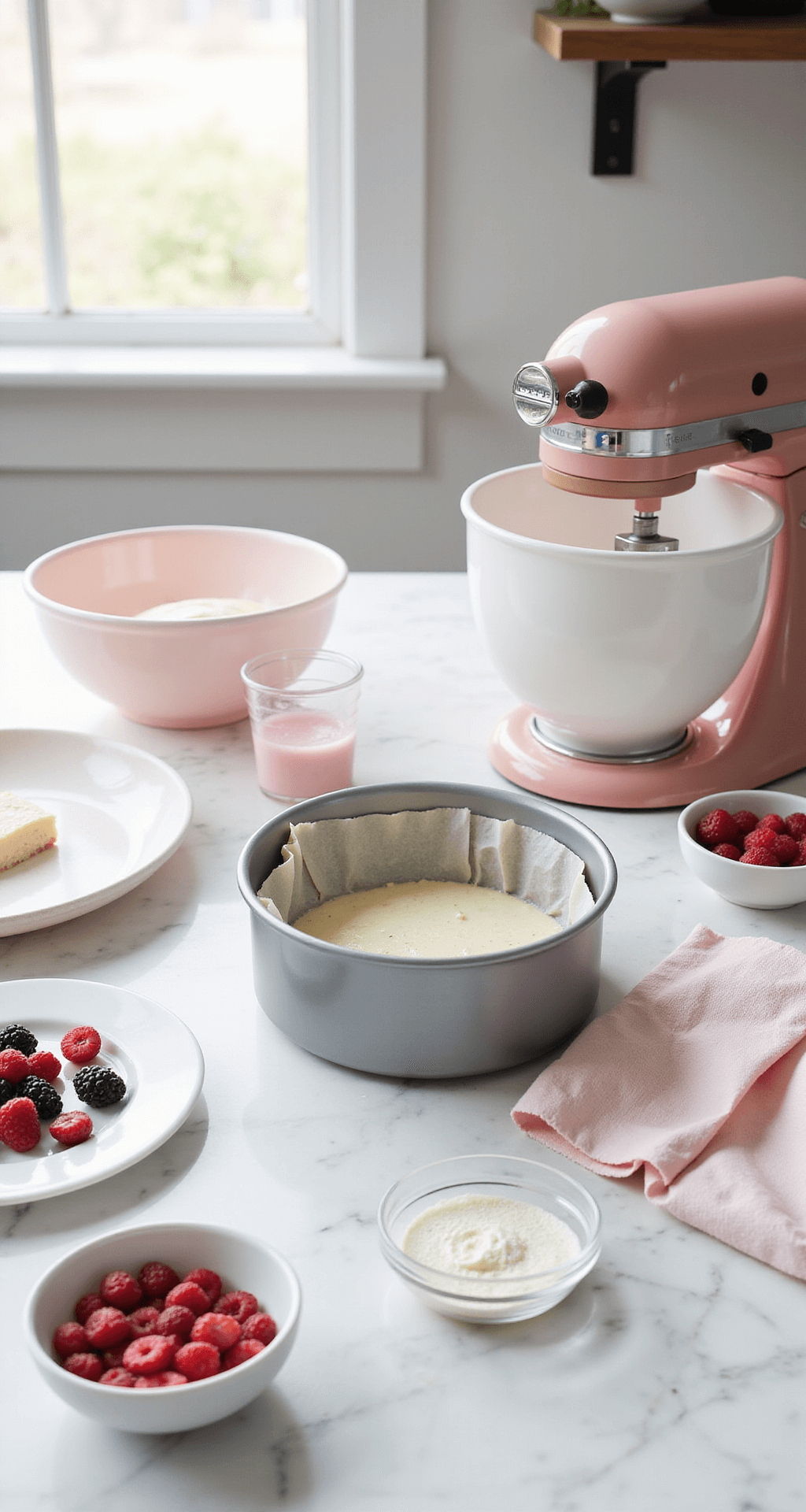 Pink Bento Cake: A Cute and Customizable Mini Celebration Cake High-angle view of a marble countertop with pastel baking tools, a rose-gold hand mixer, neatly measured ingredients in glass bowls, a parchment-lined cake pan, pink food coloring, and fresh berries, all illuminated by soft natural light.