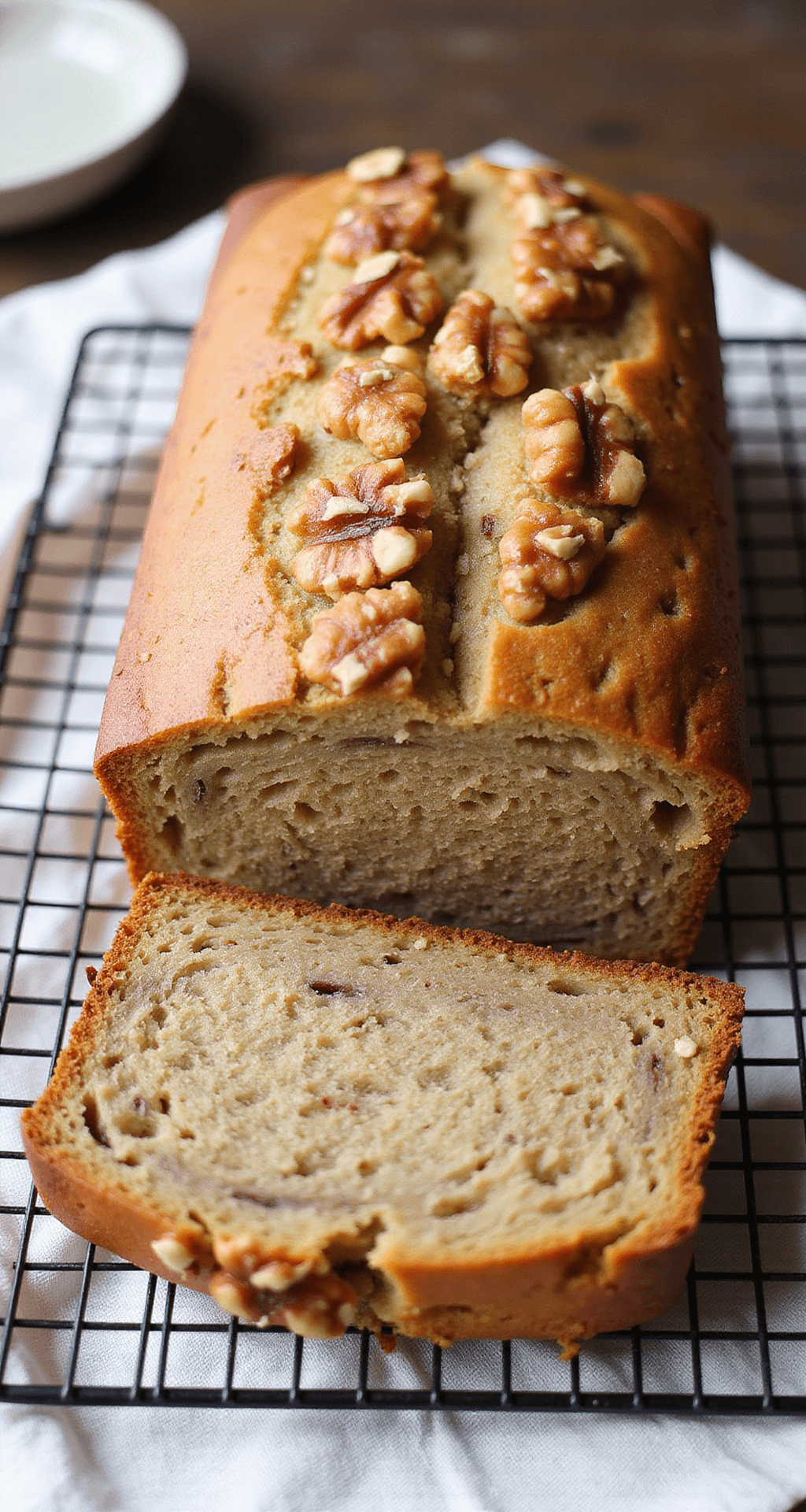 EASY BANANA NUT BREAD RECIPE Close-up of golden-brown banana nut bread on a cooling rack, with steam rising. The bread has a split top, is studded with walnuts, and shows a moist crumb in a sliced piece. A vintage napkin and ceramic plate are nearby.