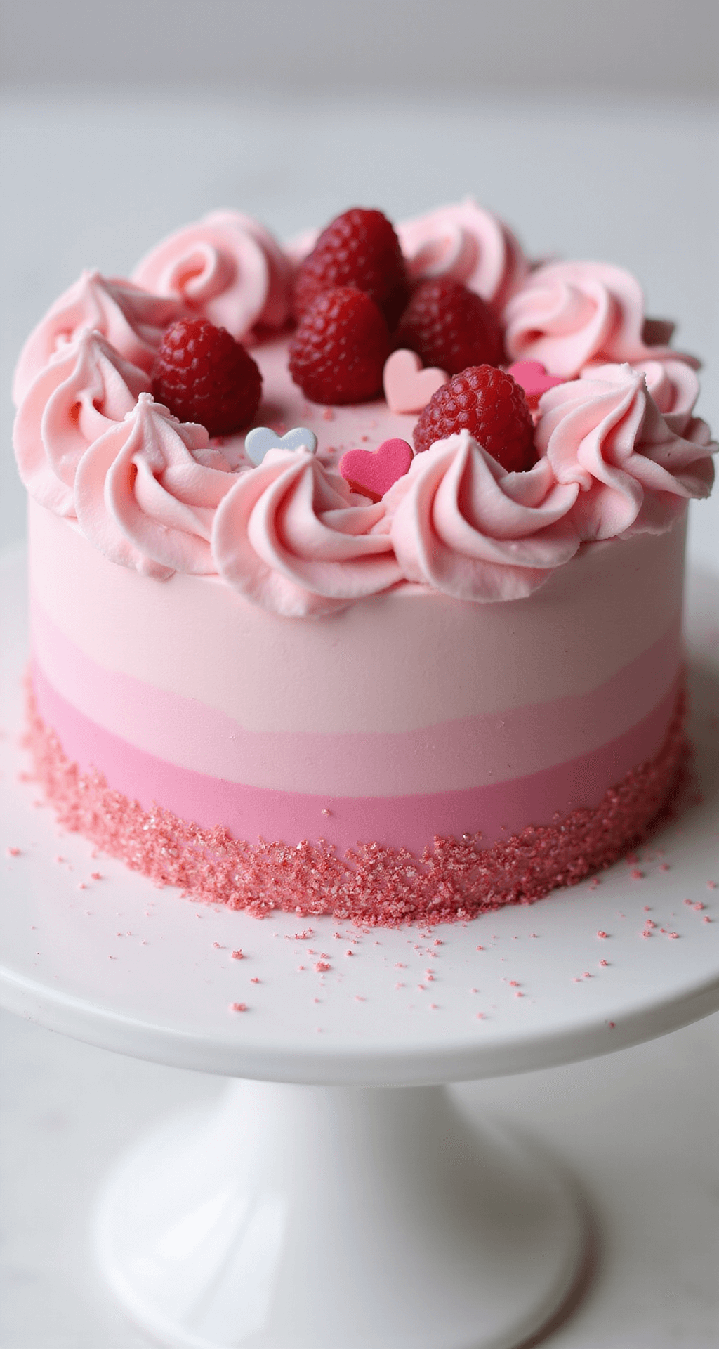 Pink Bento Cake: A Cute and Customizable Mini Celebration Cake Close-up of a mini pink bento cake with gradient buttercream, piped rosettes, edible glitter, fresh raspberries, and fondant hearts on a white cake stand, blurred background.