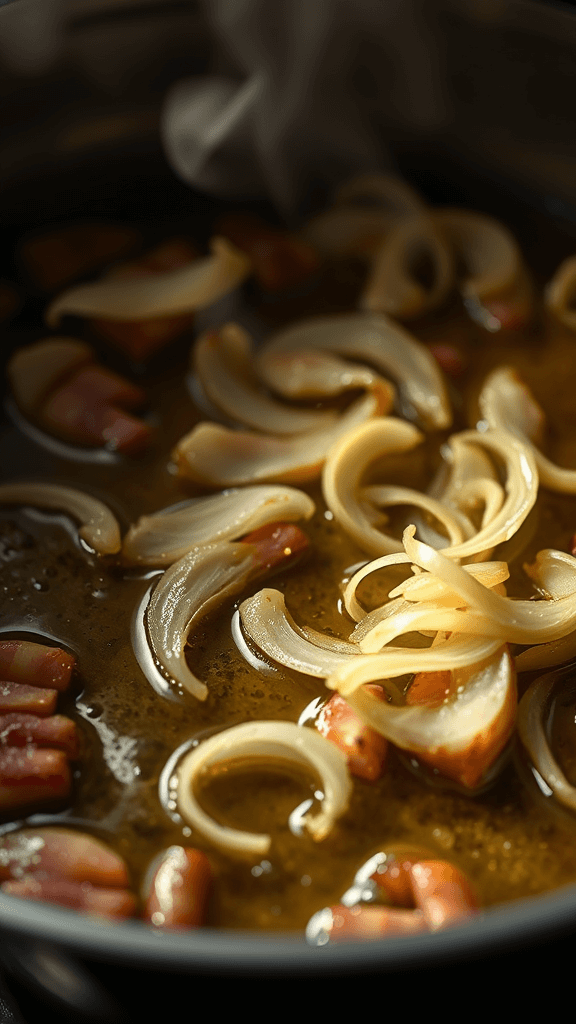 Garlic Bacon Pasta (Quick & One-Pan) Close-up of thin garlic slices cooking in bacon fat, with steam rising in low light.