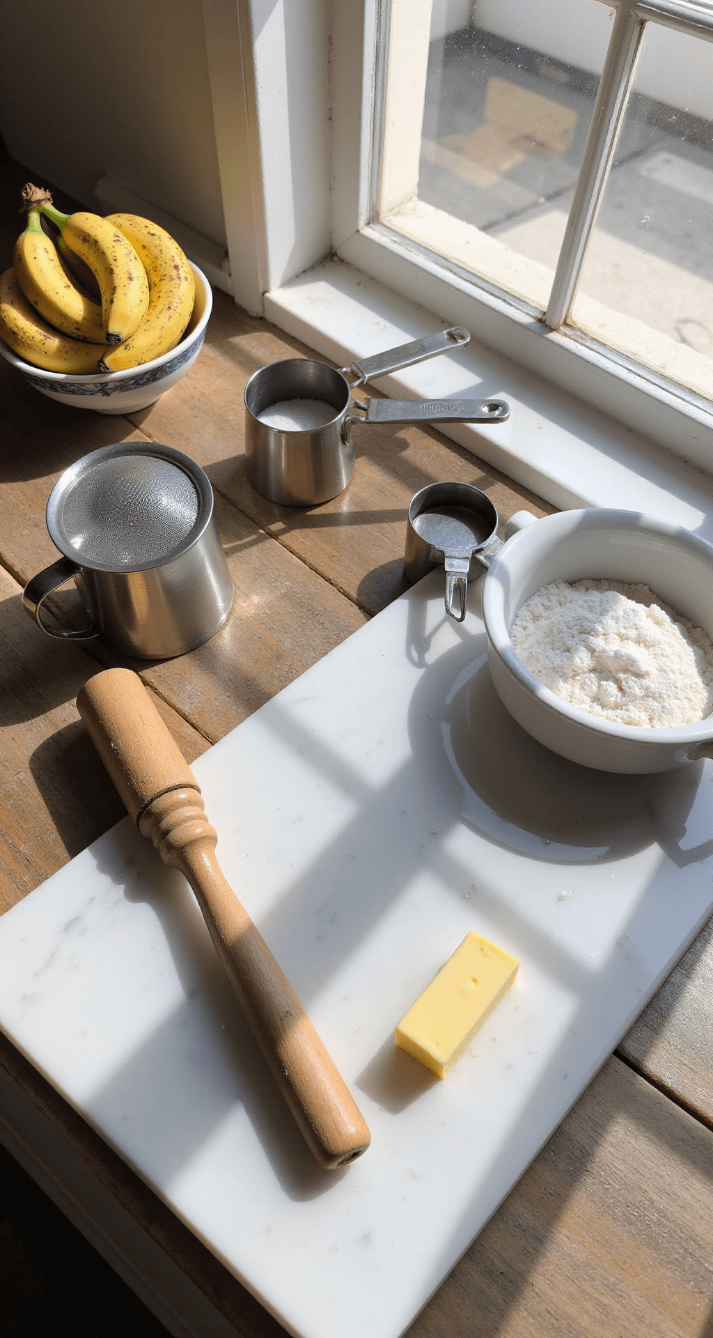BANANA DESSERT RECIPES: THE ULTIMATE GUIDE TO SWEET, MOIST DELIGHTS A sunlit kitchen countertop featuring baking ingredients like overripe bananas, a flour sifter, vintage mixing bowls, and measuring cups, with a marble pastry board and a wooden masher, all illuminated by natural light.
