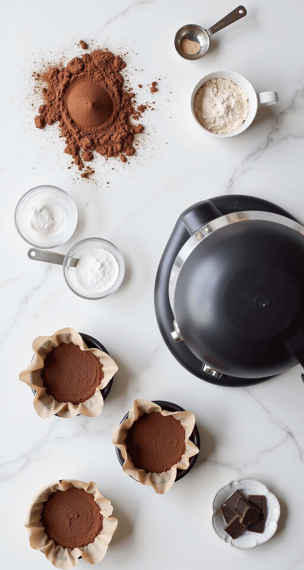 CHOCOLATE BENTO CAKE: TINY INDULGENCE, MASSIVE FLAVOR Overhead shot of a marble countertop featuring baking ingredients: cocoa powder, fresh eggs, measuring cups of flour in sunlight, geometrically stacked dark chocolate squares, a matte black KitchenAid mixer, and neatly lined cake pans.