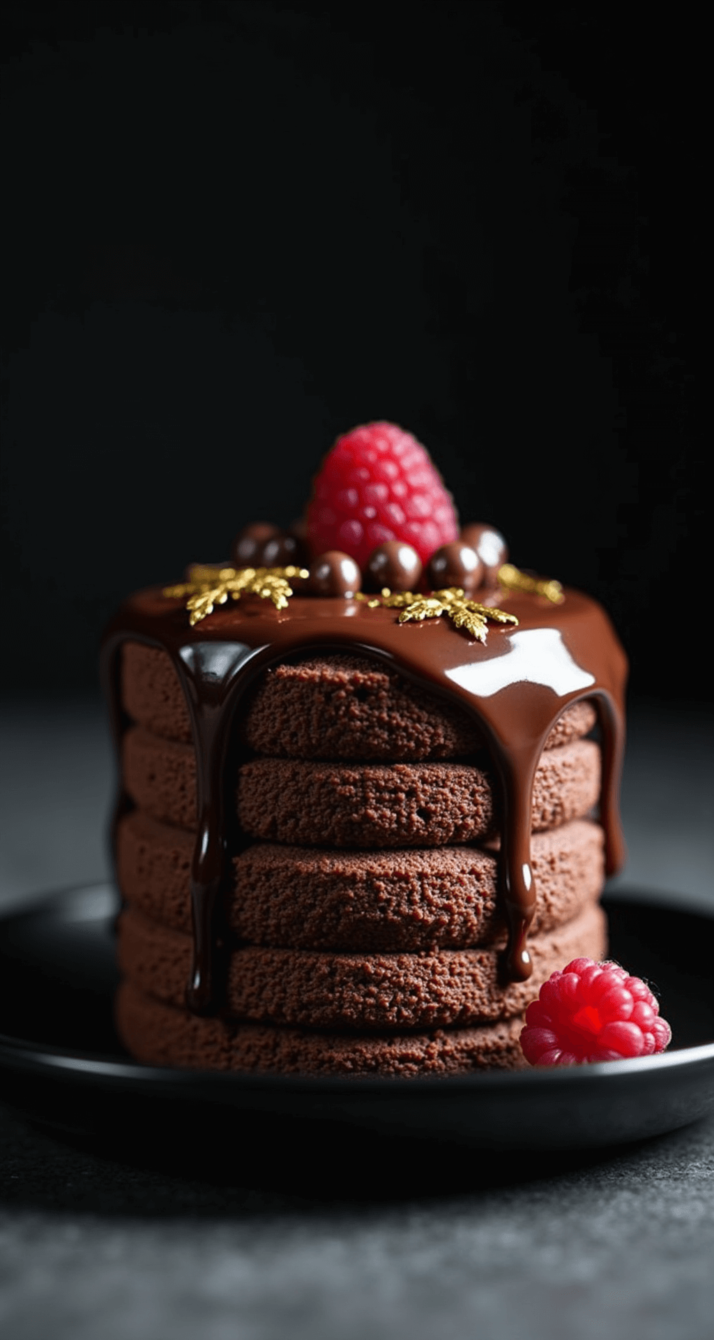 CHOCOLATE BENTO CAKE: TINY INDULGENCE, MASSIVE FLAVOR Close-up of an elegant 4-inch miniature chocolate bento cake with glossy ganache, adorned with chocolate pearls and edible gold leaf, on a black ceramic plate with a fresh raspberry for contrast against a dark moody background.