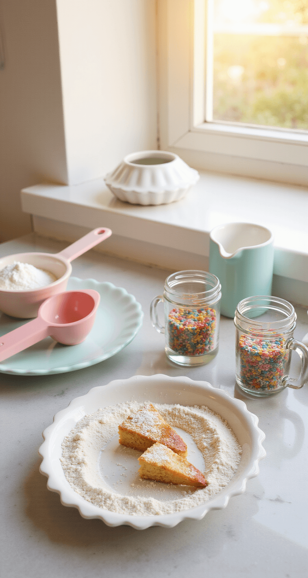 Bento Cake Engraçado: A Tiny Treat with Big Personality A sunlit modern kitchen counter featuring neatly arranged miniature baking ingredients, including tiny measuring cups of flour and sugar, a small mixing bowl, a Bento box, a mini cake pan, colorful sprinkles in glass containers, and pastel-colored measuring spoons and a whisk.