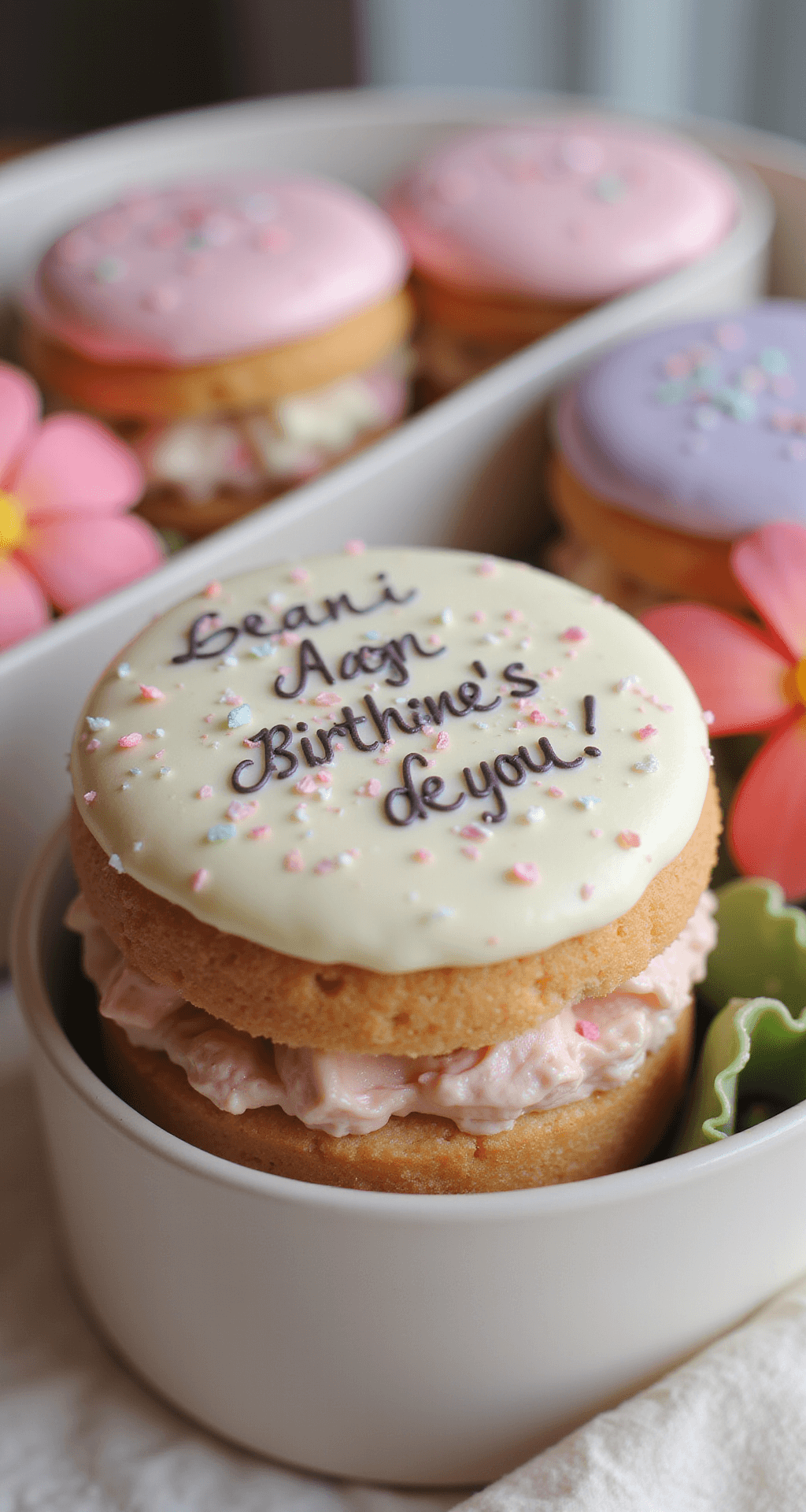 Bento Cake Engraçado: A Tiny Treat with Big Personality Close-up of a decorated miniature Bento cake with pastel piping, edible glitter, and a humorous message, presented in an aesthetic Bento box against a softly blurred background.