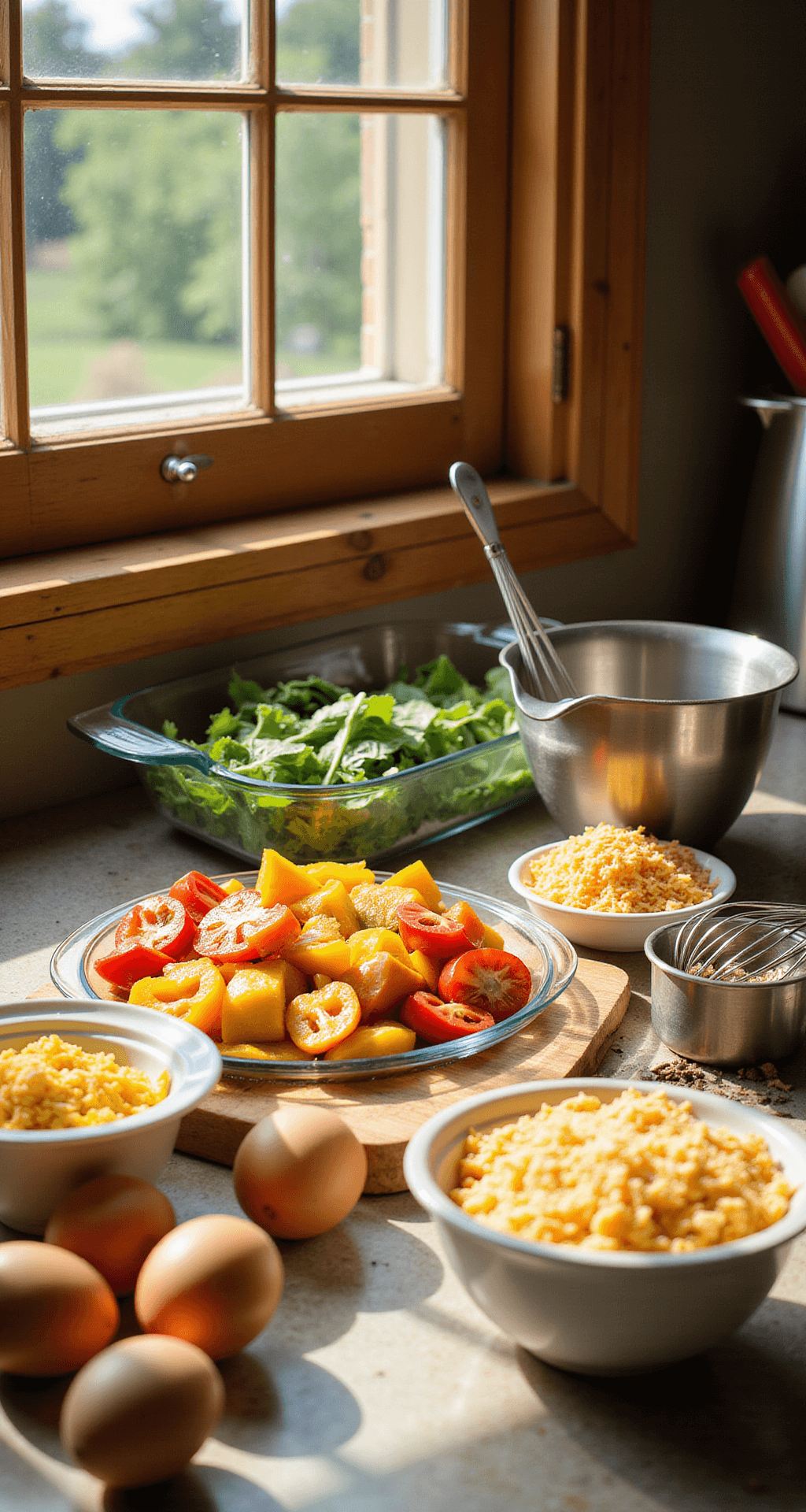 ULTIMATE HEALTHY BREAKFAST CASSEROLE: EASY, NUTRITIOUS & DELICIOUS! Overhead view of a sunlit kitchen counter featuring fresh ingredients for a breakfast casserole, including farm-fresh eggs, colorful bell peppers, green spinach, and grated cheddar cheese, with a glass baking dish and stainless steel mixing bowls illuminated by warm morning light.