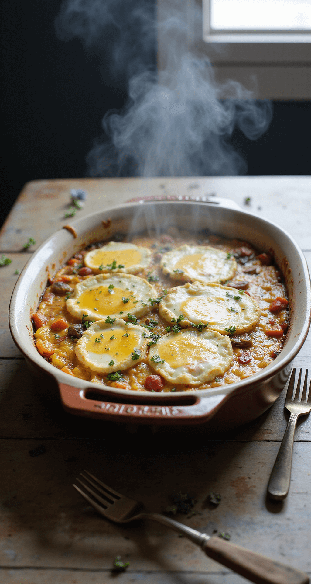ULTIMATE HEALTHY BREAKFAST CASSEROLE: EASY, NUTRITIOUS & DELICIOUS! Close-up of a baked breakfast casserole in a rustic dish, featuring golden-brown top, colorful vegetables, and melted cheese, on a weathered wooden table with a vintage fork and fresh herbs. Steam rises from the casserole, illuminated by natural window light.