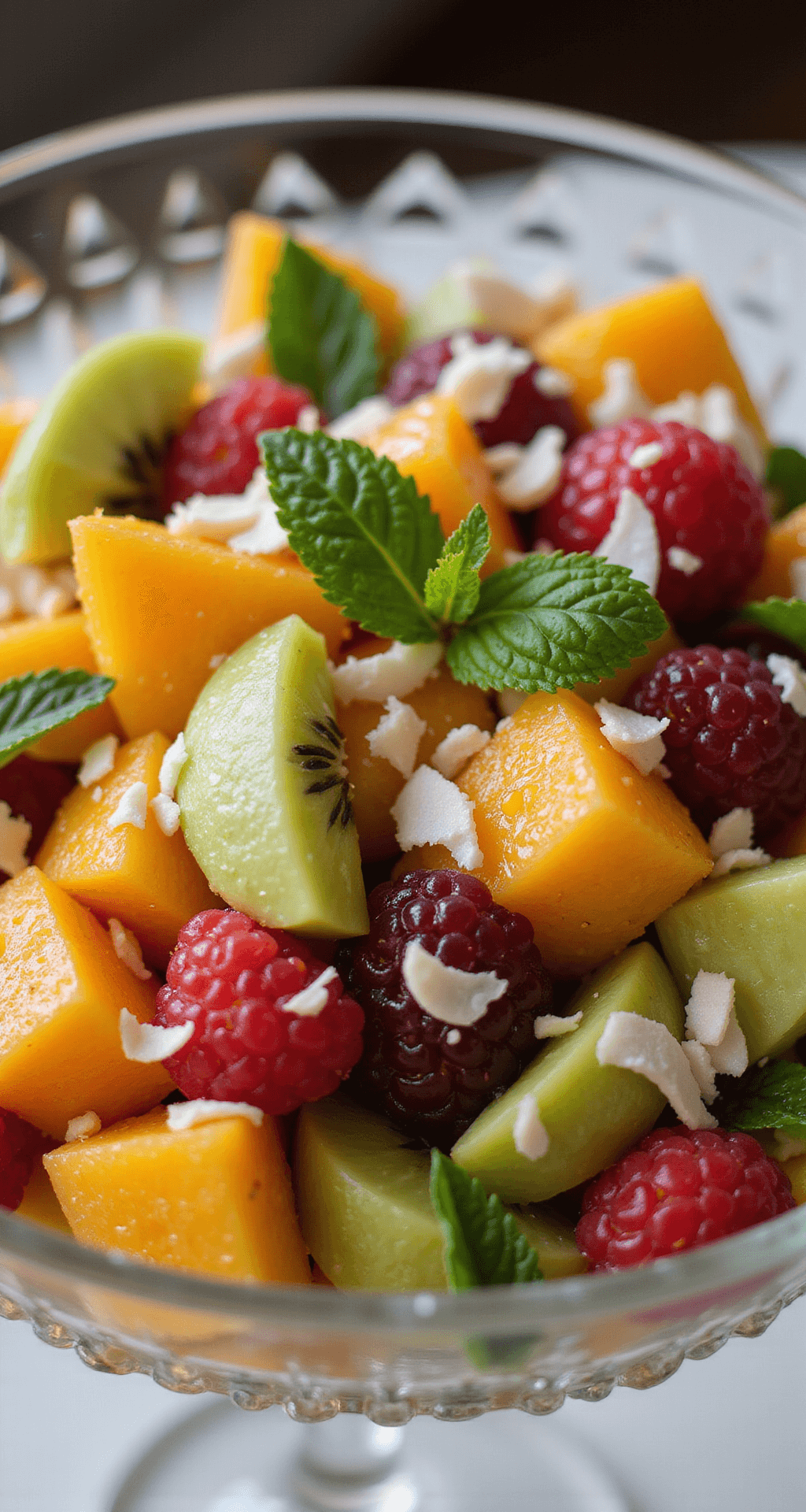 Ultimate Easy Fruit Salad - Fresh, Colorful, and Absolutely Delicious! Close-up of a crystal bowl filled with colorful fruit salad, glistening with citrus dressing, scattered mint leaves, and coconut shavings, under soft lighting with a light bokeh background.