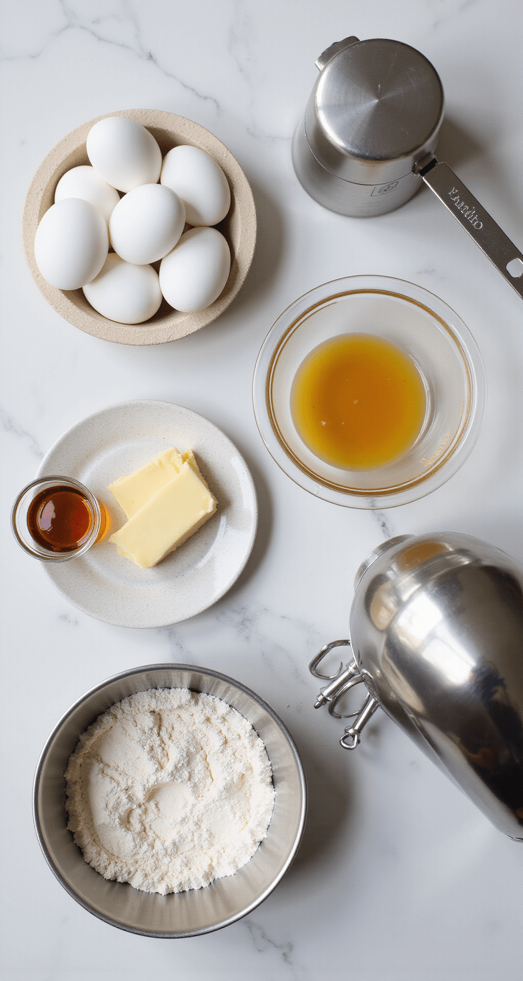 Adorable Mini Bento Cake: Your Perfect Tiny Celebration Dessert Overhead shot of a white marble countertop displaying baking ingredients such as farm-fresh eggs, sifted flour, golden vanilla extract, and melted butter, alongside professional tools like a round cake pan, electric mixer, and measuring scales, all bathed in natural light.