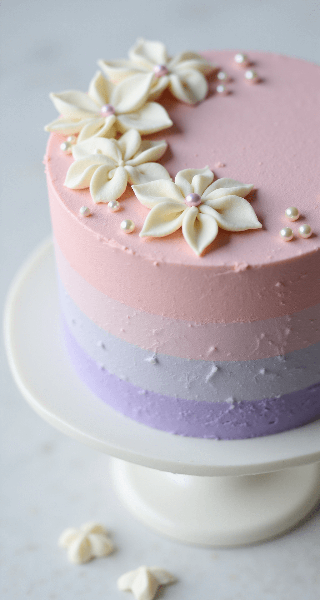 Adorable Mini Bento Cake: Your Perfect Tiny Celebration Dessert Close-up of a 4-inch bento cake on a white ceramic stand, featuring a pastel gradient frosting from pink to lavender and intricately piped white cream flowers, illuminated by gentle side lighting.