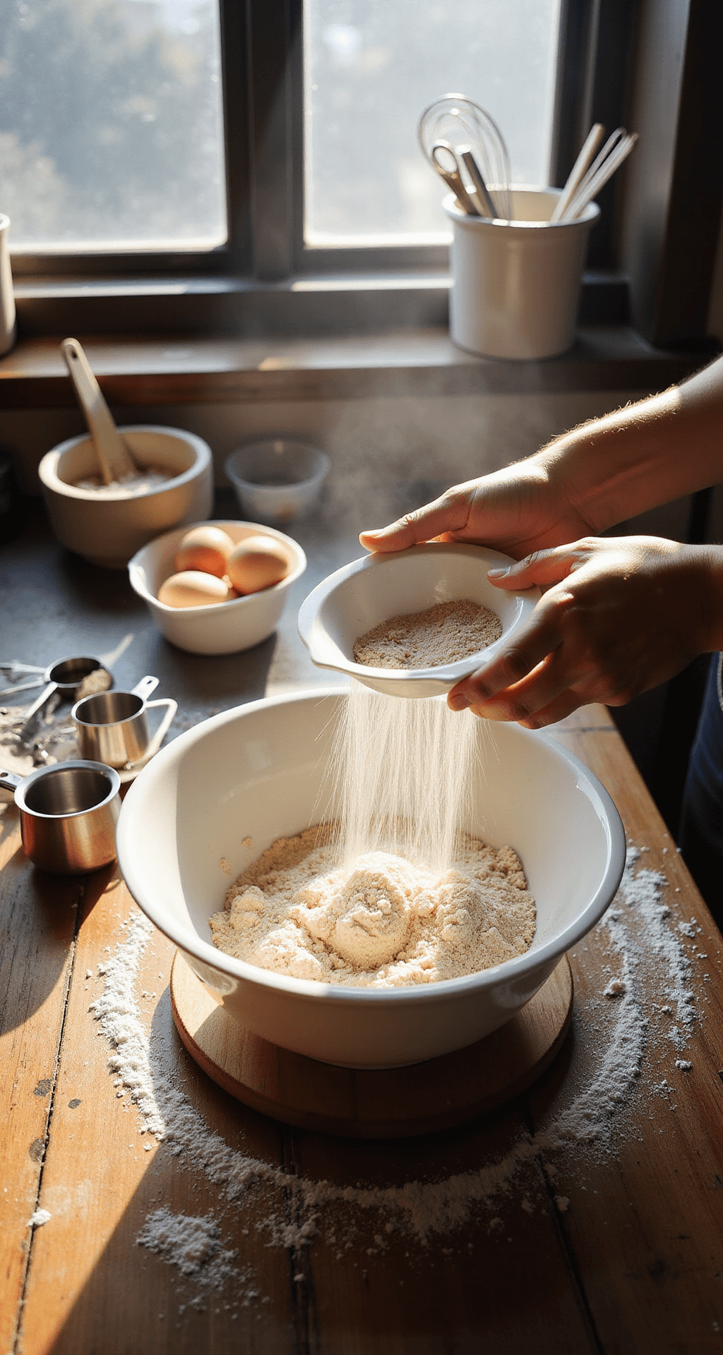 Korean Egg Bread (Gyeran Bbang): A Street Food Sensation Close-up of hands sifting flour into a white bowl on a wooden countertop with measuring cups, a whisk, and eggs, in soft morning light.