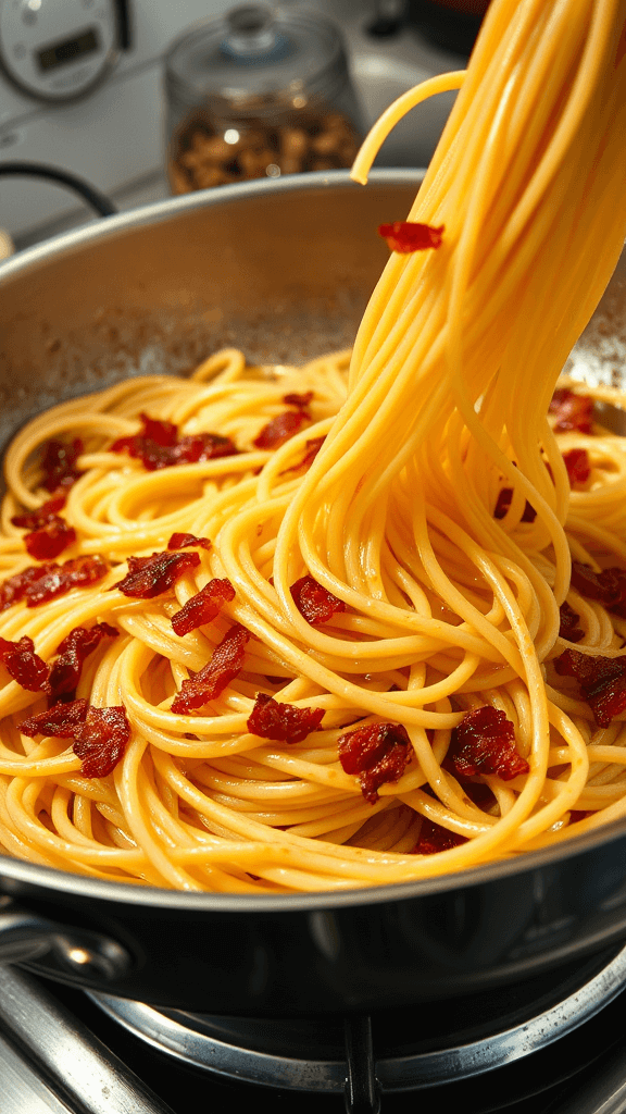 Garlic Bacon Pasta (Quick & One-Pan) Dynamic action shot of spaghetti being tossed with crispy bacon and garlic, with sauce glistening on each strand.