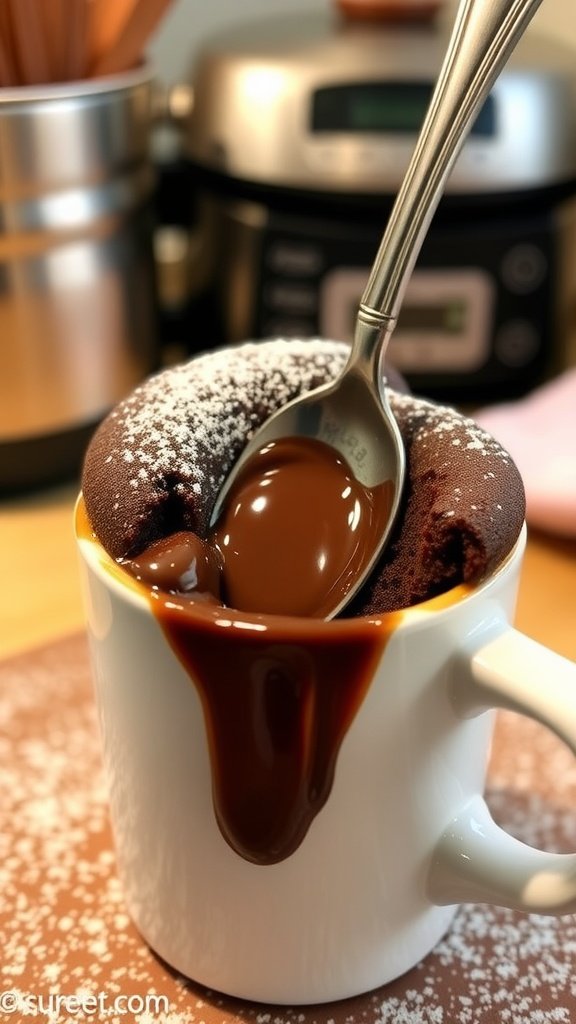 Quick and Decadent 5-Minute Chocolate Lava Mug Cake A mug of chocolate lava cake with molten center, garnished with whipped cream and set on a rustic kitchen table.
