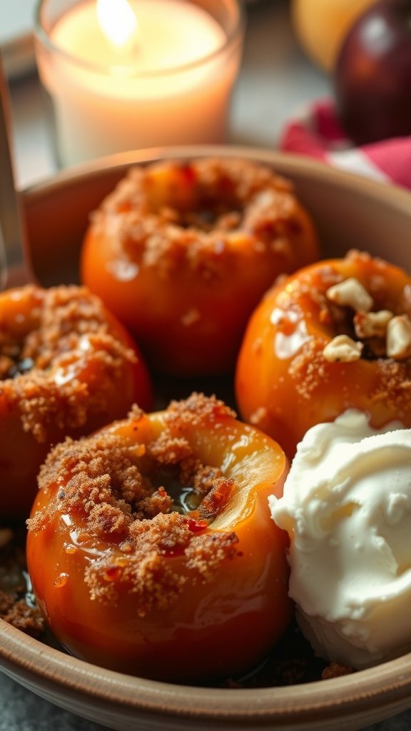 Quick and Delicious Microwave Baked Apples A bowl of Microwave Baked Apples topped with cinnamon and brown sugar, served with vanilla ice cream.