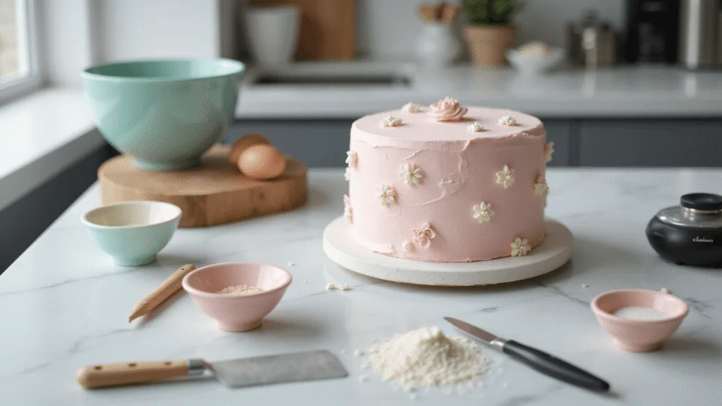 Aesthetic Bento Cake: The Ultimate Guide to Creating Adorable Mini Masterpieces A photorealistic bento cake in a bright modern kitchen, featuring smooth pastel pink buttercream, white piped flowers, and sugar pearls, with a mise en place of ingredients and baking tools, captured in natural light.
