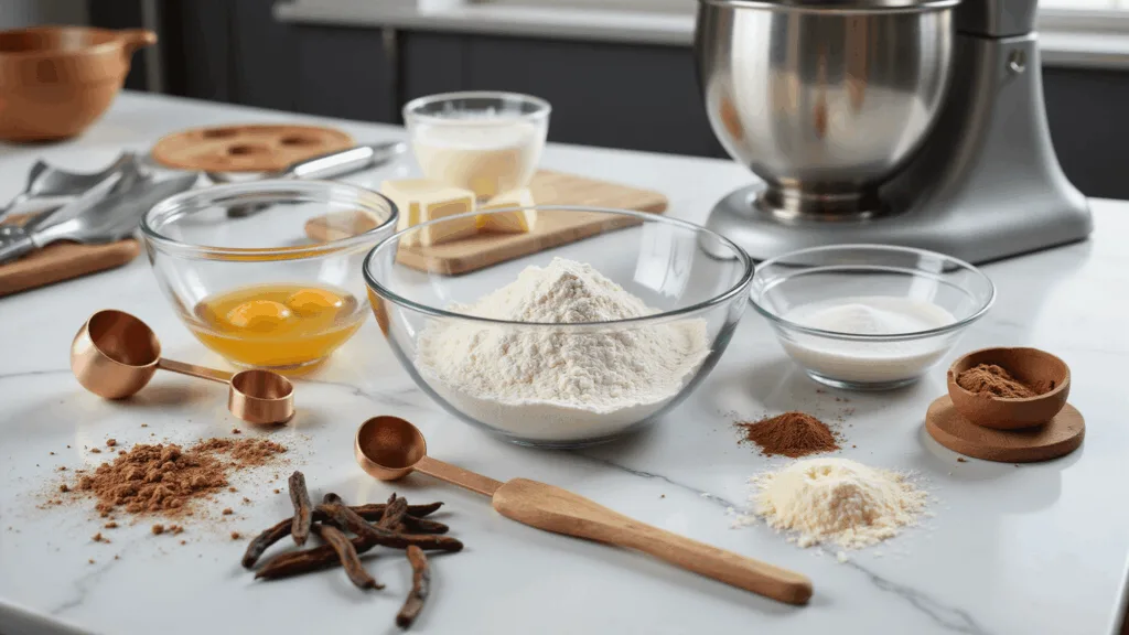 Ultimate Dessert Recipes: Your Complete Culinary Guide to Sweet Perfection Photorealistic kitchen counter with organized baking ingredients, including flour, sugar, eggs, and butter in glass bowls, accented by copper measuring spoons and whisks, sunlight casting soft shadows on a marble surface, and a stainless steel stand mixer in the background.