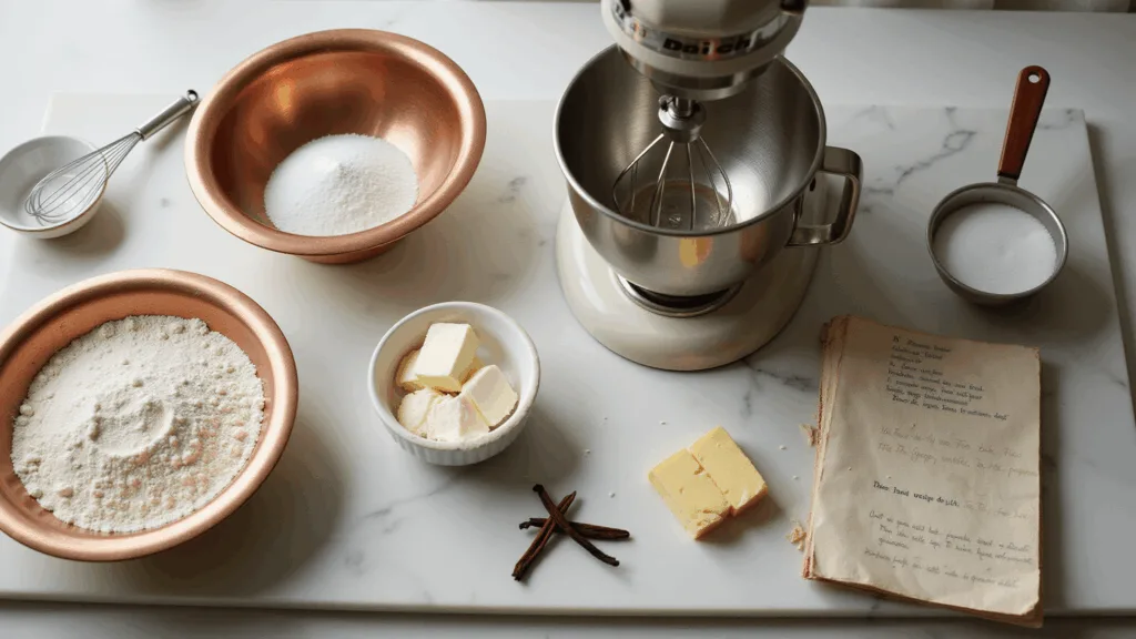 Mastering Desserts: Your Complete Recipe Roadmap Cinematic overhead view of a sun-drenched marble kitchen counter with professional baking ingredients, including vintage copper mixing bowls, glass containers of sugar, farm-fresh eggs, and a stand mixer, all arranged in a minimalist composition with warm colors and natural lighting.