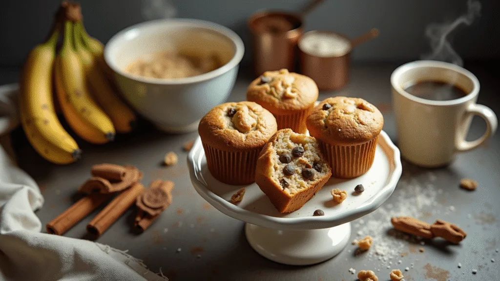 BANANA BREAD MUFFINS: THE ULTIMATE ONE-BOWL WONDER Cinematic overhead shot of a rustic kitchen featuring freshly baked golden-brown banana muffins on a white ceramic cake stand, a split muffin revealing a moist interior with melted chocolate chips and walnuts, surrounded by overripe bananas, a vintage mixing bowl, scattered cinnamon sticks, a weathered wooden countertop, a textured linen tea towel, copper measuring cups with flour dusting, and an artisanal coffee cup, all illuminated by soft natural morning light.