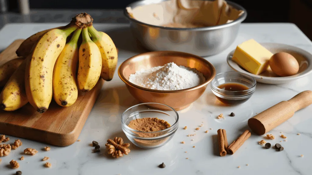BANANA DESSERT RECIPES: THE ULTIMATE GUIDE TO SWEET, MOIST DELIGHTS A beautifully arranged food photography setup featuring overripe bananas, vintage mixing bowls, measuring cups of flour, golden butter, and farm-fresh eggs on a rustic wooden table with a white marble surface, all bathed in soft natural light.