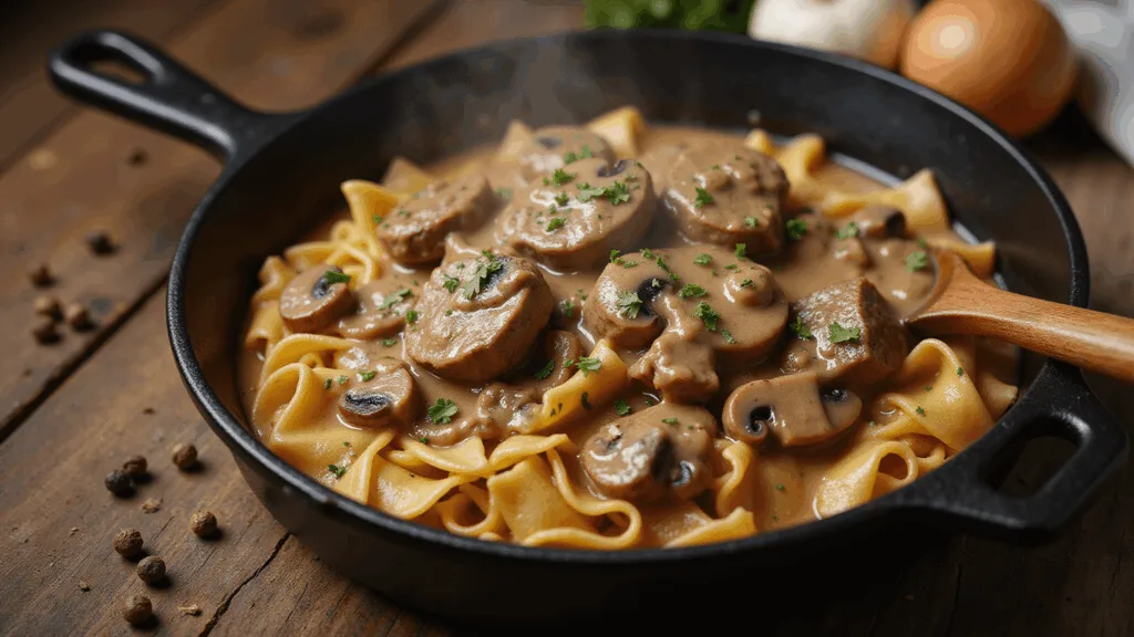 Beef Stroganoff: A Creamy, Savory Skillet Sensation Close-up of a steaming cast iron skillet filled with glossy beef stroganoff featuring medium-rare sirloin, cremini mushrooms, and egg noodles, garnished with fresh parsley on a rustic wooden surface.