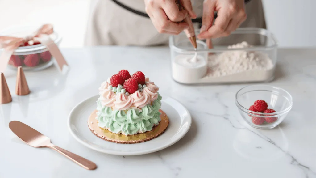 Bento Cake: Cute, Compact, and Instagram-Worthy Deliciousness Photorealistic close-up of a 4-inch bento cake decorated with pastel pink and mint green buttercream rosettes, surrounded by rose gold piping tips and measuring cups on a marble countertop, captured with soft natural lighting and a minimalist aesthetic.