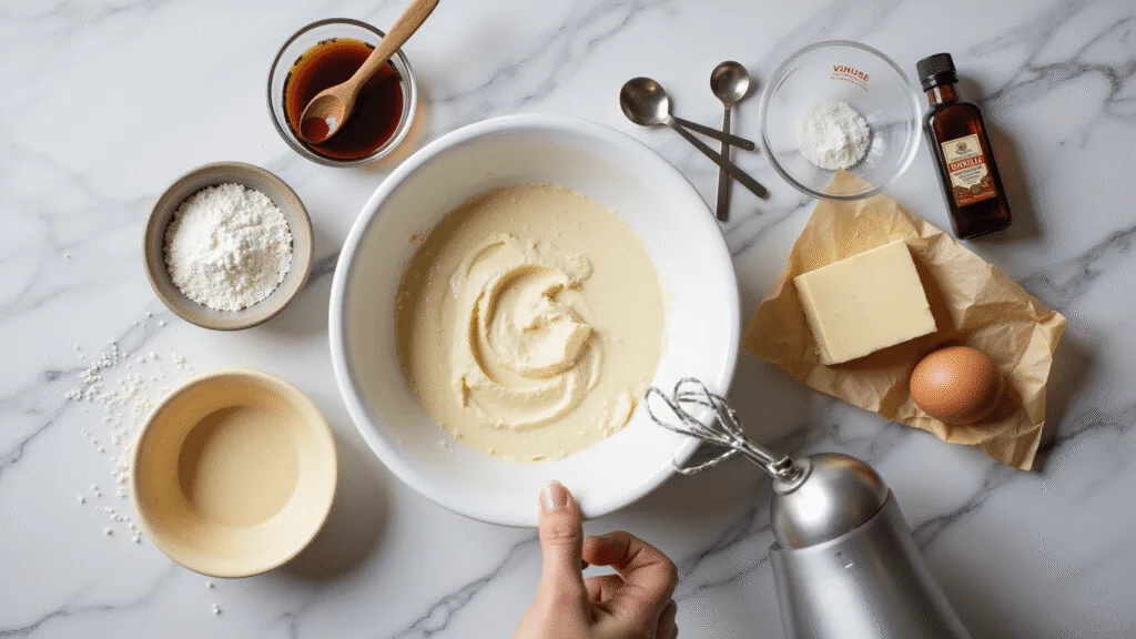 Simple Bento Cake: The Cutest Mini Cake You'll Ever Make! Overhead view of a bento cake preparation scene featuring a mixing bowl with creamed butter and sugar, surrounded by farm-fresh eggs, vanilla extract, measured flour, and a butter block, on a marble countertop with natural light.