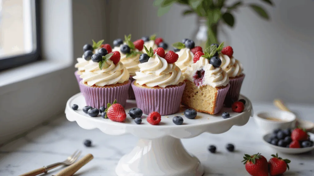 Berry Blast Cupcakes: A Burst of Fruity Delight Artisanal berry cupcakes with cream cheese frosting, garnished with fresh mixed berries and mint on a white ceramic cake stand, natural sunlight creating soft shadows. One cupcake cut in half, revealing a moist interior. Scattered berries and vintage baking tools in a softly blurred marble countertop background.