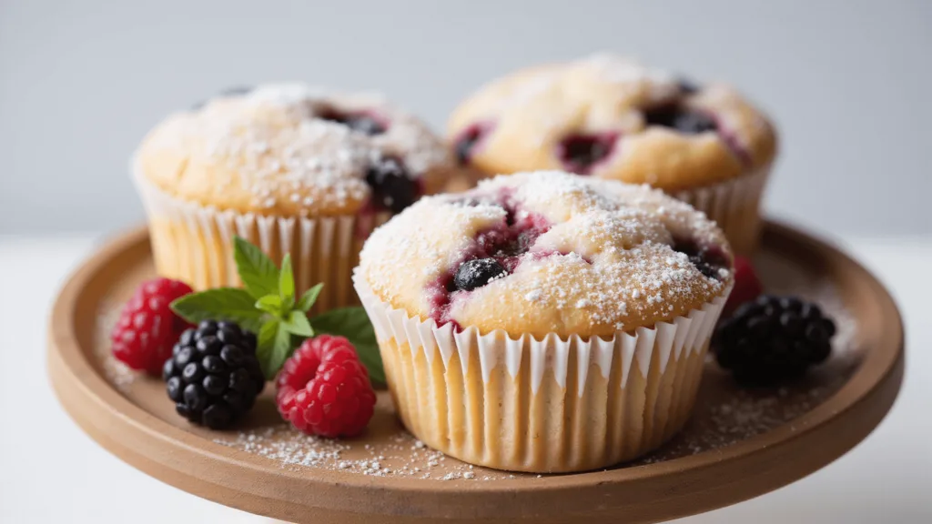 Berry Blast Cupcakes: A Burst of Summer in Every Bite Artisanal berry cupcakes on a rustic wooden stand, with a fluffy vanilla base and mixed berries, softly lit from the left.