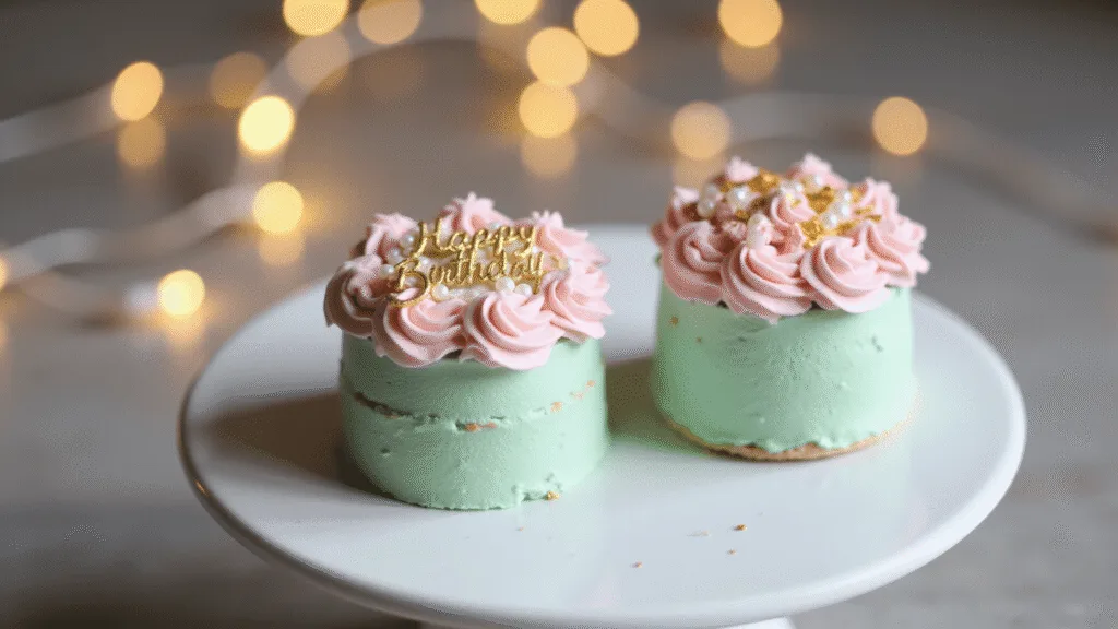 BIRTHDAY BENTO CAKE: ADORABLE MINI CELEBRATION DELIGHT Two miniature bento cakes on a matte white ceramic stand: a pastel pink buttercream cake with piped rosettes and a mint green frosting cake adorned with pearl details, all highlighted by golden metallic sprinkles and a "Happy Birthday" message, set against a dreamy bokeh background with warm fairy lights.