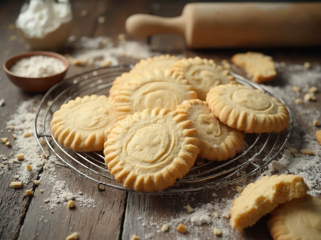 Classic Buttery Shortbread Cookies Overhead shot of golden shortbread cookies arranged in a spiral on a vintage wire rack, with buttery, crumbly texture visible.