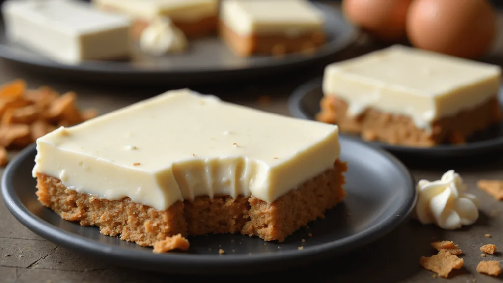 Carnivore Dessert Bars - Indulgent Low-Carb Delight Luxurious carnivore dessert bar with a golden-brown pork rind crust and a pale ivory, custard-like cream cheese filling, garnished with fresh cream on a matte black plate.