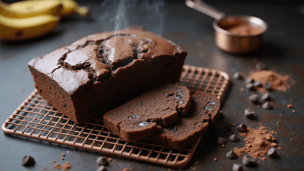 Decadent Chocolate Banana Bread: The Ultimate Comfort Bake Photorealistic image of freshly baked chocolate banana bread on a vintage copper cooling rack, showcasing a cracked surface with melting chocolate chips, surrounded by scattered banana peels and cocoa powder on a dark wood surface.