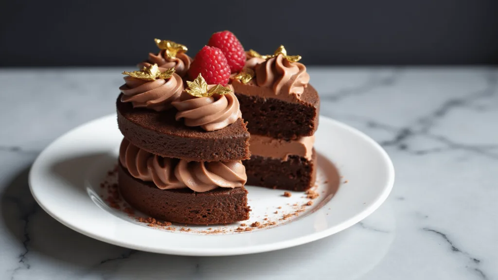 Chocolate Bento Cake: Adorable Mini Layers of Pure Indulgence Elegant two-layer chocolate bento cake with chocolate buttercream, gold leaf, and raspberries on a white plate, set against a marble background.