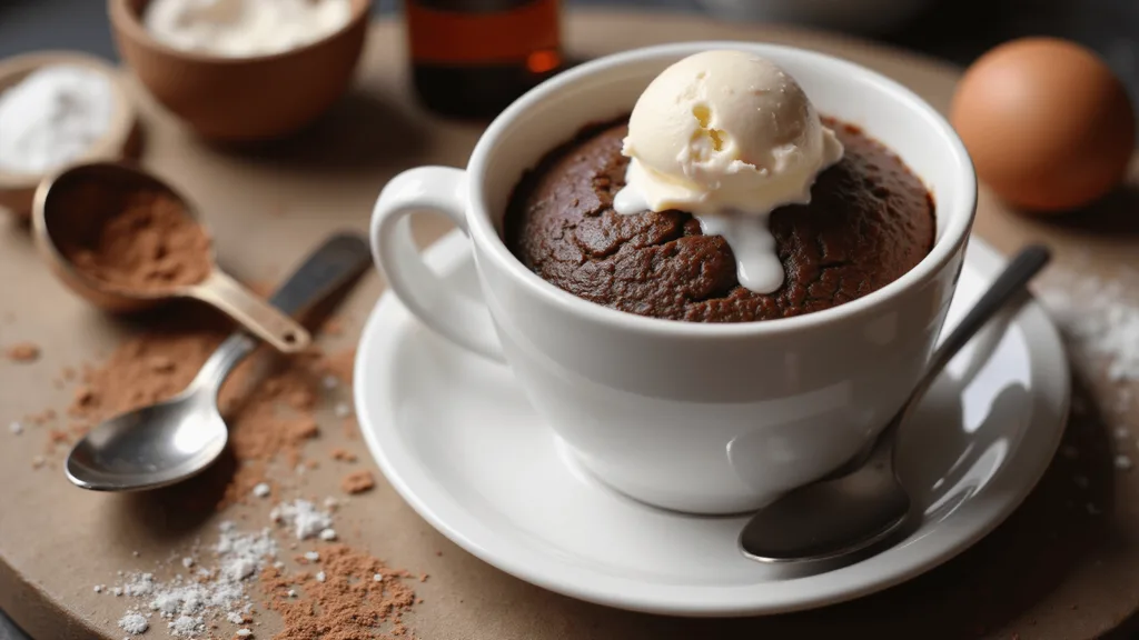 15-Minute Dessert Magic: Quick, Easy & Irresistible Recipes for Every Craving A close-up shot of a chocolate mug cake in a white ceramic mug with vanilla ice cream melting on top, surrounded by cocoa powder, flour, a fresh egg, vanilla extract, and sugar, on a rustic wooden table.