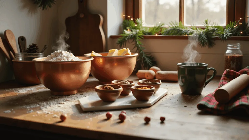 CHRISTMAS DESSERT DELIGHTS: Ultimate Holiday Sweet Guide Cinematic view of a rustic farmhouse kitchen at golden hour, showcasing a flour-dusted wooden countertop with vintage copper mixing bowls filled with baking ingredients, warm light filtering through the window, and festive decor elements like fairy lights and pine garland.