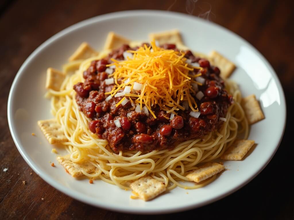 Cincinnati Chili: Authentic Midwestern Comfort Food Overhead view of Cincinnati 5-way chili on a white ceramic plate with spaghetti, rich meat sauce, melted cheddar cheese, diced onions, red kidney beans, and oyster crackers.