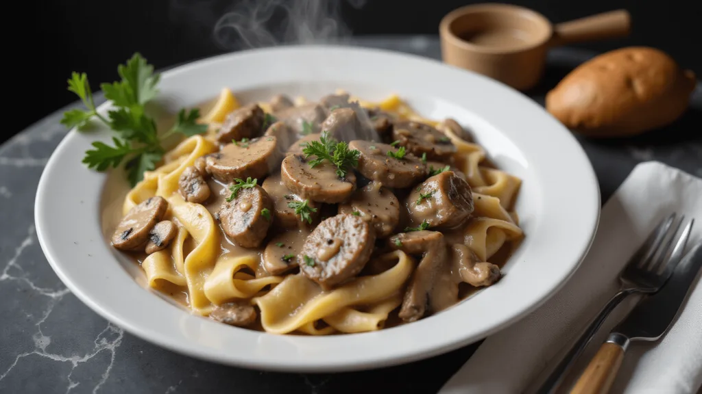 Classic Beef Stroganoff - A Creamy One-Skillet Wonder A photorealistic overhead shot of Classic Beef Stroganoff on a white ceramic plate, featuring tender sirloin in a glossy mushroom cream sauce over egg noodles, garnished with parsley and paprika, with dramatic steam and subtle lighting on a grey marble surface.