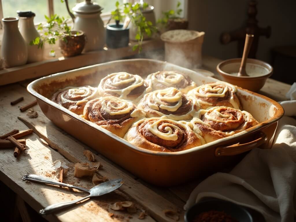 Classic Homemade Cinnamon Rolls with Cream Cheese Frosting "Freshly baked cinnamon rolls with cream cheese frosting in a rustic ceramic dish, with warm sunlight highlighting steam from the rolls and cinnamon-sugar details, alongside cinnamon sticks and brown sugar on a wooden table."