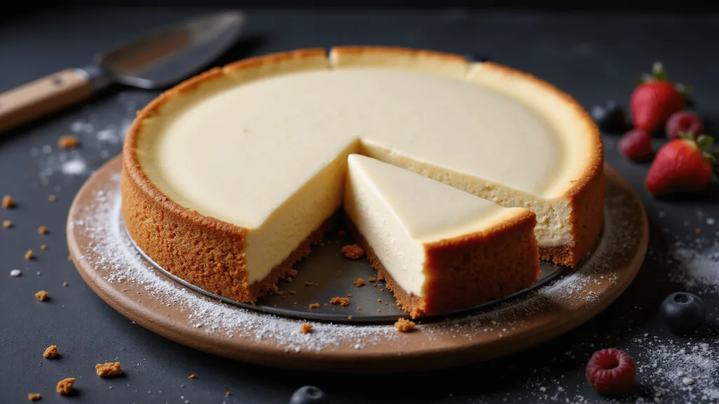 Ultimate Classic New York Cheesecake: Creamy, Dreamy, and Totally Irresistible Overhead shot of a New York-style cheesecake on a ceramic stand with a slice being pulled, showing creamy interior, vanilla specks, and graham crust.