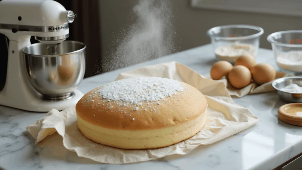 CAKE ROLL RECIPES: The Ultimate Guide to Mastering Rolled Desserts A photorealistic scene of a sunlit kitchen counter featuring a perfectly rolled golden sponge cake wrapped in a cream-white towel dusted with powdered sugar, with supporting elements including a KitchenAid mixer, glass bowls of ingredients, and a parchment-lined jelly roll pan on a marble countertop.