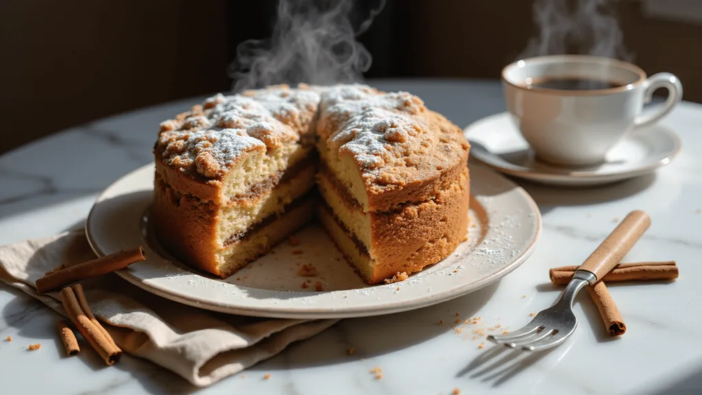 Cinnamon Streusel Coffee Cake: A Bakery-Style Breakfast Delight A photorealistic image of a coffee cake with cinnamon streusel on a white marble countertop. A slice is being removed, showing its moist interior and steam rising. A cup of coffee and cinnamon sticks are nearby, with soft morning light highlighting the scene.