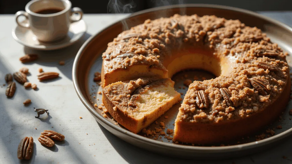 CLASSIC COFFEE CAKE: THE ULTIMATE COMFORT BREAKFAST TREAT A freshly baked coffee cake in a metal baking pan, showcasing layers of cinnamon streusel, moist vanilla cake, and toasted pecans, with a slice cut out revealing marbled textures, all illuminated by natural morning light.