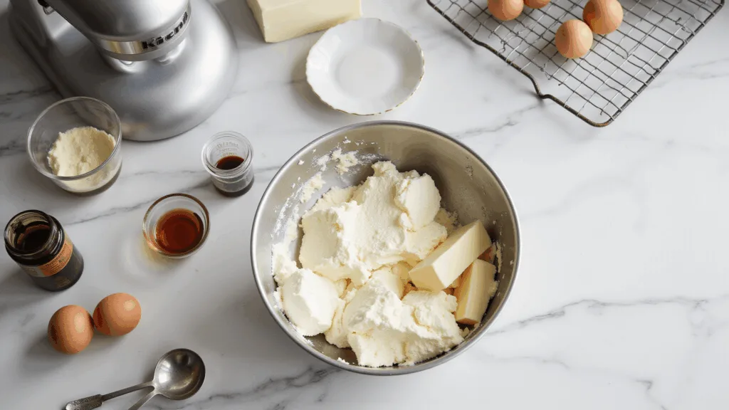 Carnivore Desserts: Decadent Animal-Based Sweet Treats Luxurious kitchen scene with a marble countertop showcasing a stainless steel mixing bowl filled with cream cheese and butter, arranged farm-fresh eggs, a KitchenAid mixer, measuring spoons, and vanilla extract, softly lit for a professional culinary atmosphere.