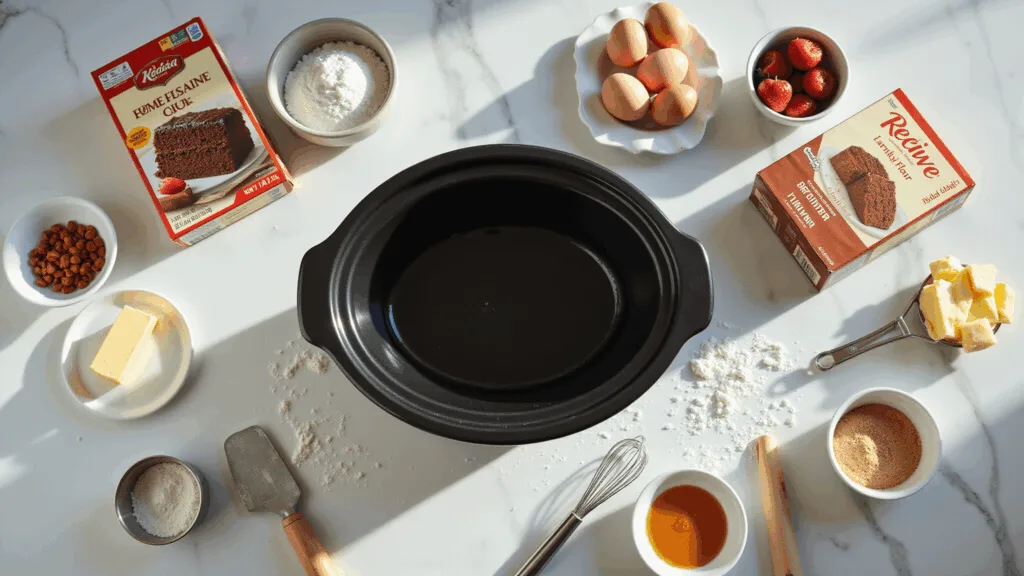 Crockpot Dessert Recipes: The Ultimate Guide to Effortless Sweet Treats Overhead view of a pristine white marble kitchen counter featuring a black 7qt crockpot surrounded by baking ingredients and tools, illuminated by warm morning sunlight.