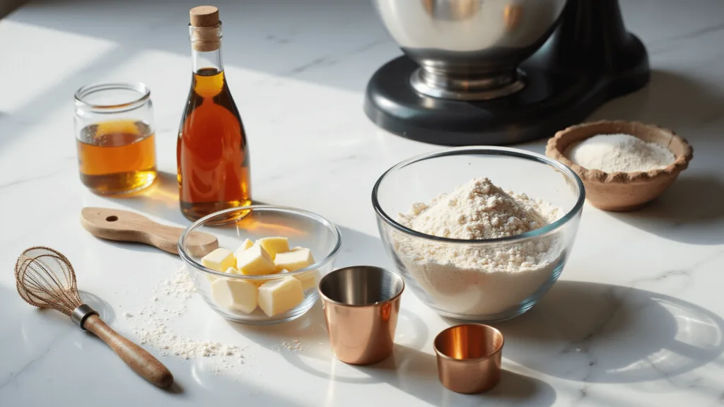 The Ultimate Dessert Recipe Guide: From Classic Treats to Modern Delights Professional baking ingredients artfully arranged on a marble countertop, featuring eggs, flour, butter, copper measuring cups, a vanilla bean bottle, and a stand mixer in soft natural light.